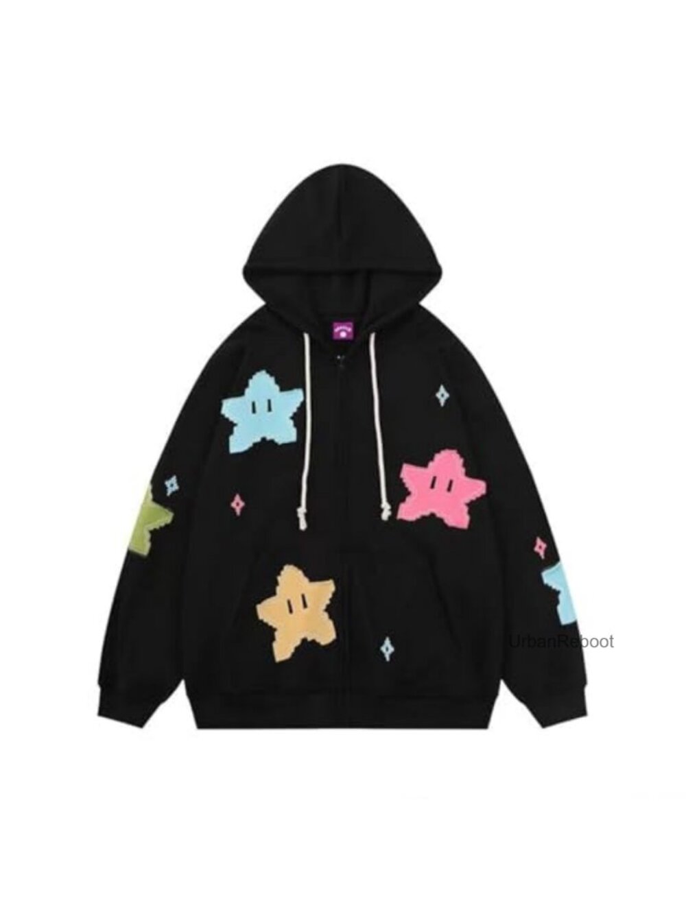 Preppy Star Patchwork Zip Up Hoodie Y2K Baggy Long Sleeve Cotton Sweatshirt